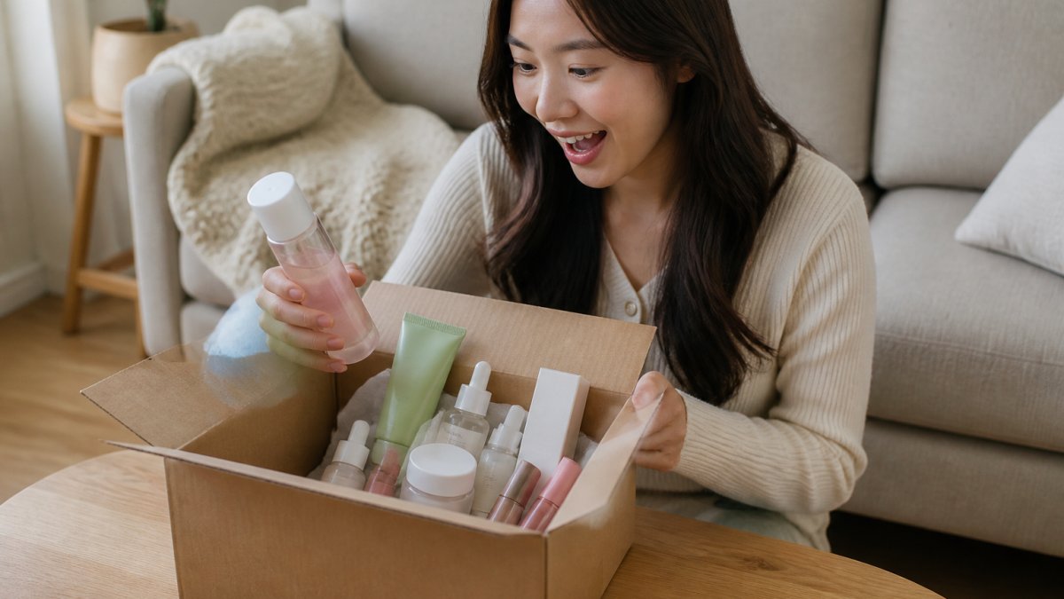 Woman at home receiving a K-beauty delivery box, carefully opening it to reveal skincare and makeup products with a satisfied, excited expression