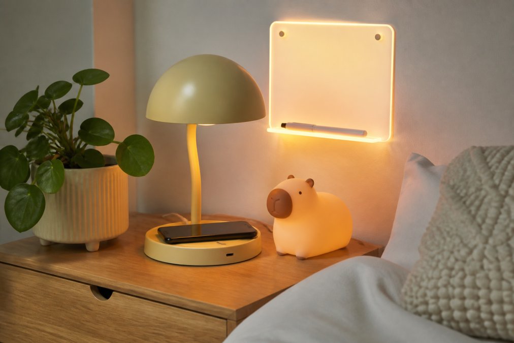 A styled bedside table in a bright flat showing a small sculptural lamp with a phone charging on its base, a glowing LED note board on the wall behind, and a soft silicone capybara night light beside it