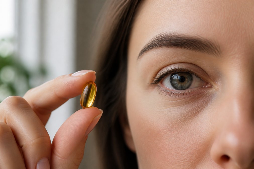 Close-up of a person's eye in soft natural window light with a calm, healthy appearance, a hand holding a small golden fish oil capsule in the foreground
