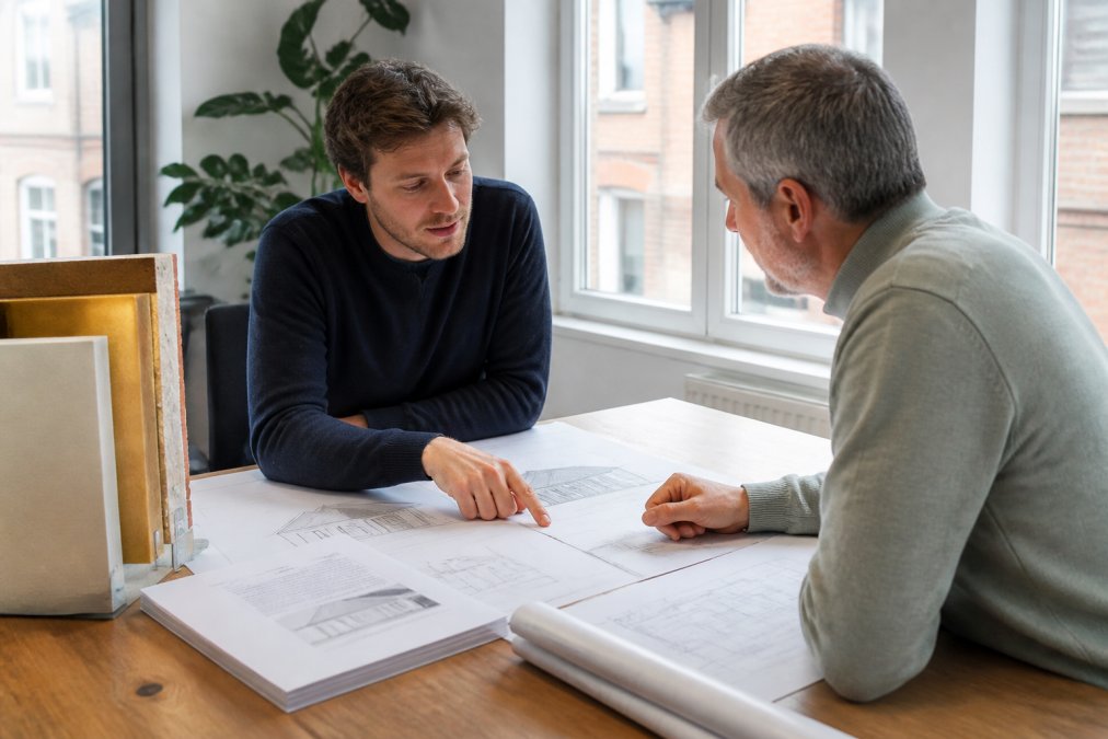 Huiseigenaar in gesprek met bouwadviseur aan bureau met gevelplannen, architecturale tekeningen en offerte voor gevelisolatie in helder kantoor