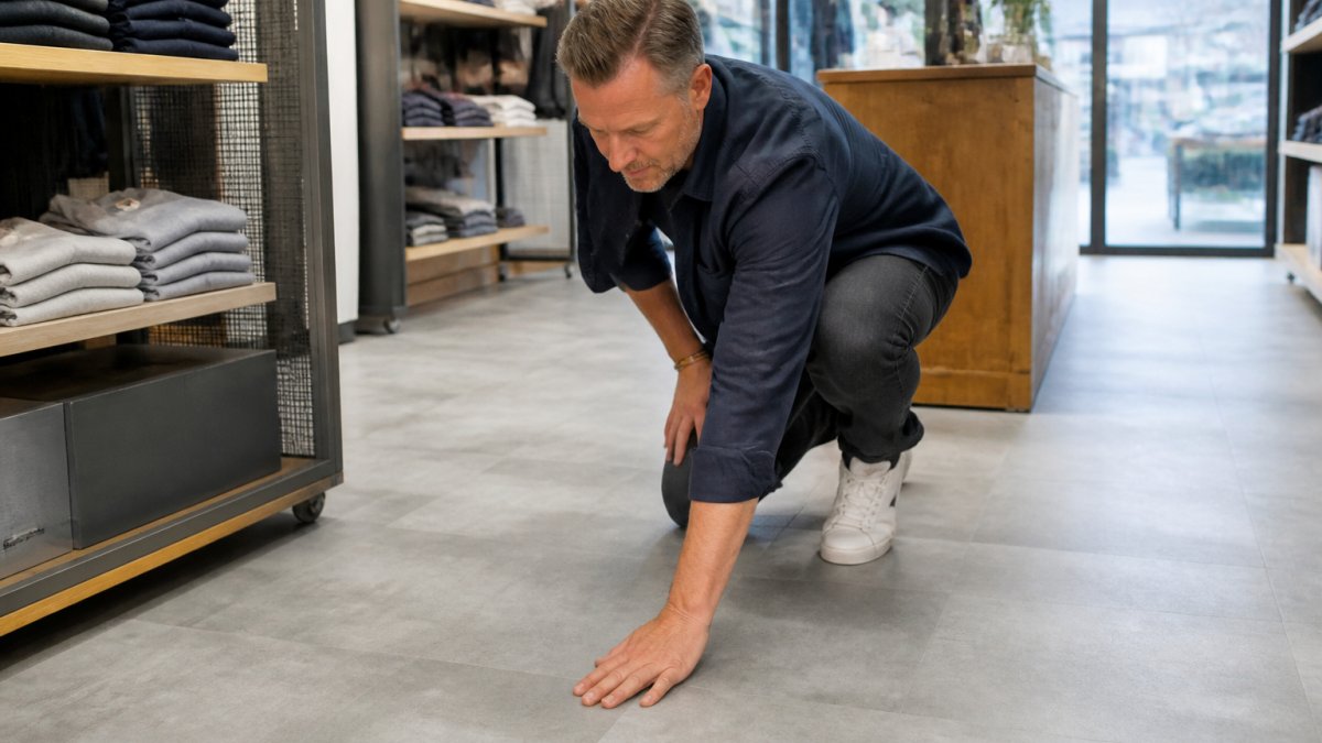 En butiksejer knæler på et nylagt vinylgulv i en butik og inspicerer overfladen, hylder og butiksinventar i baggrunden, naturligt dagslys fra butikkens vinduer