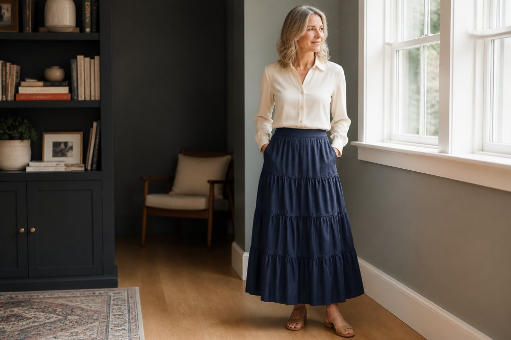 Mature woman wearing a tailored midi denim skirt in navy with a fitted cream blouse tucked in, standing confidently in natural window lighting, showing how modest pieces can look sophisticated and current