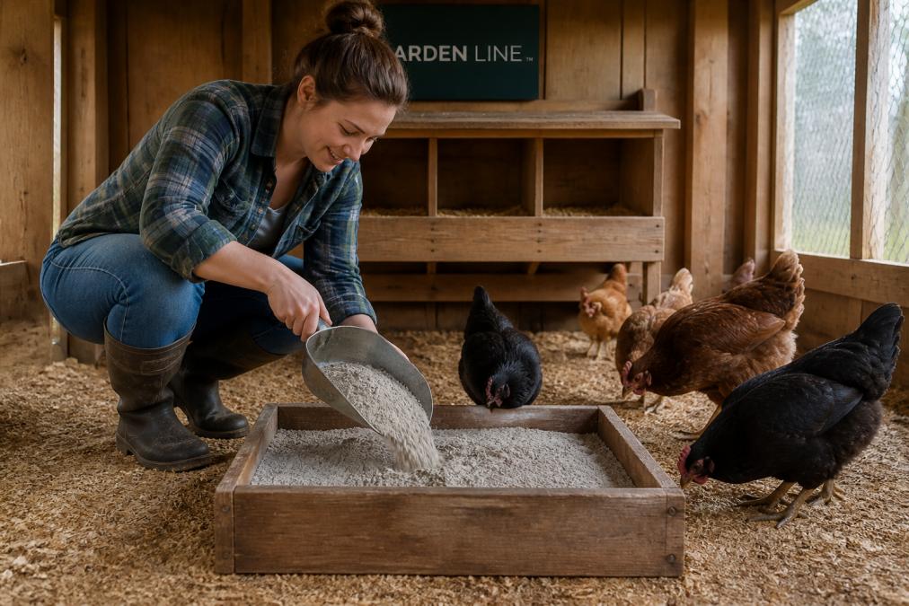 A chicken keeper filling a wooden box with OMRI listed poultry dust bath while hens watch nearby.