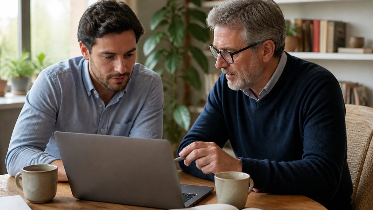 A founder and an advisor reviewing a one-page strategy plan on a laptop across a small table in a bright home-office workspace, coffee cups and a notebook nearby