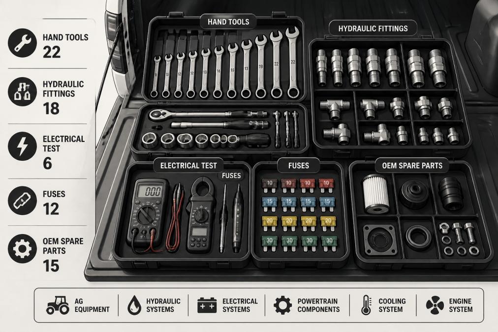 Close-up of an organized heavy-duty field tool kit laid out on a pickup tailgate in bright sunlight, showing wrenches, hydraulic fittings, electrical test equipment, spare fuses, and OEM-style spare parts arranged in labeled trays