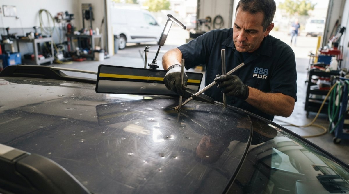 Professional technician's hands holding specialized PDR rod tools and reflection boards positioned against a vehicle panel showing hail damage patterns, with bright LED lighting illuminating the work area