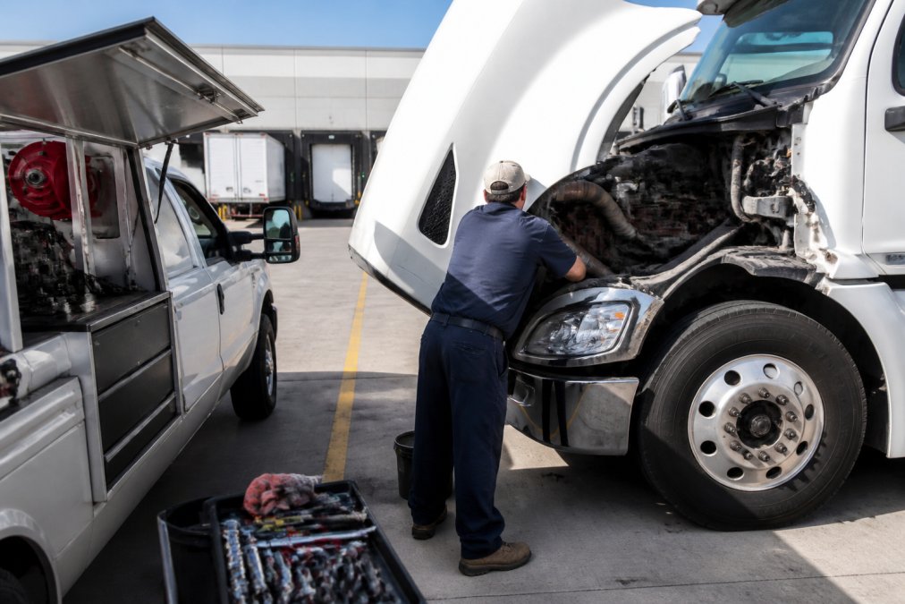 Mobile service truck with experienced technician performing engine diagnostics on a commercial semi-truck at a loading dock during daylight, with tools and diagnostic equipment visible