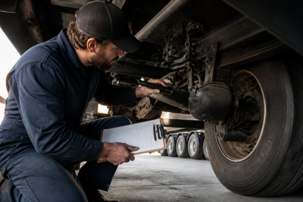 Experienced technician inspecting truck brakes and undercarriage with diagnostic tools and maintenance log visible on clipboard, working methodically through the inspection checklist