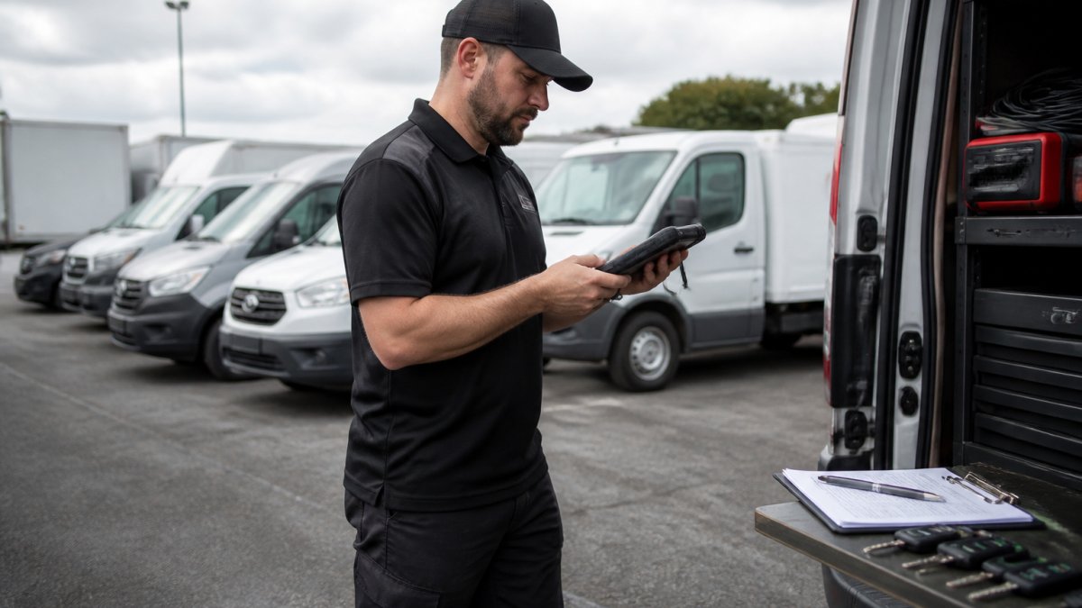 A mobile locksmith technician using a handheld key programmer on a work van in a fleet yard, with several commercial vehicles parked behind and a clipboard with VINs nearby