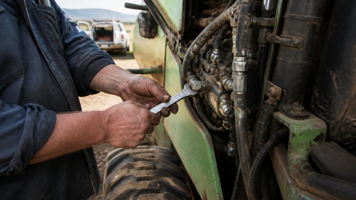 A mobile mechanic in workwear standing beside a harvester in a rural paddock, holding a wrench, with a service ute parked nearby in the Lockyer Valley