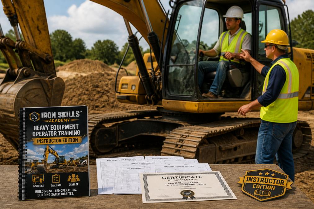 Experienced heavy equipment operator instructing a trainee on an active jobsite, demonstrating proper controls and positioning on an excavator, with natural sunlight illuminating the machine and surrounding work area