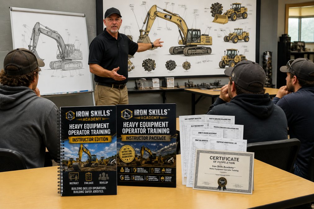 Classroom training session with heavy equipment instructors presenting safety materials and operational theory to a group of trainees at a vocational school, with instructional materials and equipment diagrams visible on a presentation screen