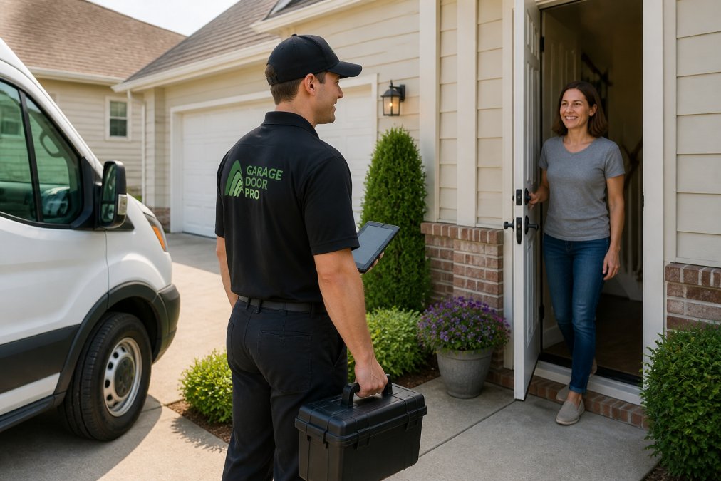 Uniformed technician ready for an on-time arrival greets a homeowner at the front door with his service van nearby.