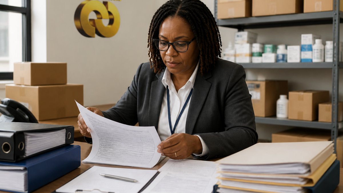 Procurement officer reviewing medical supply contracts at a desk with organized delivery boxes in the background