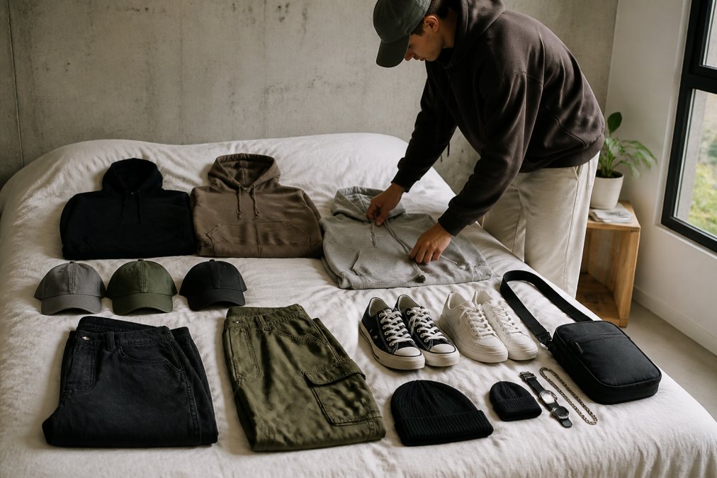 Iemand die verschillende streetwear-outfits voorbereidt met basisstukken zoals oversized hoodies, cargo pants en klassieke sneakers op een bed, met streetwear-accessoires en limited-edition items georganiseerd rondom