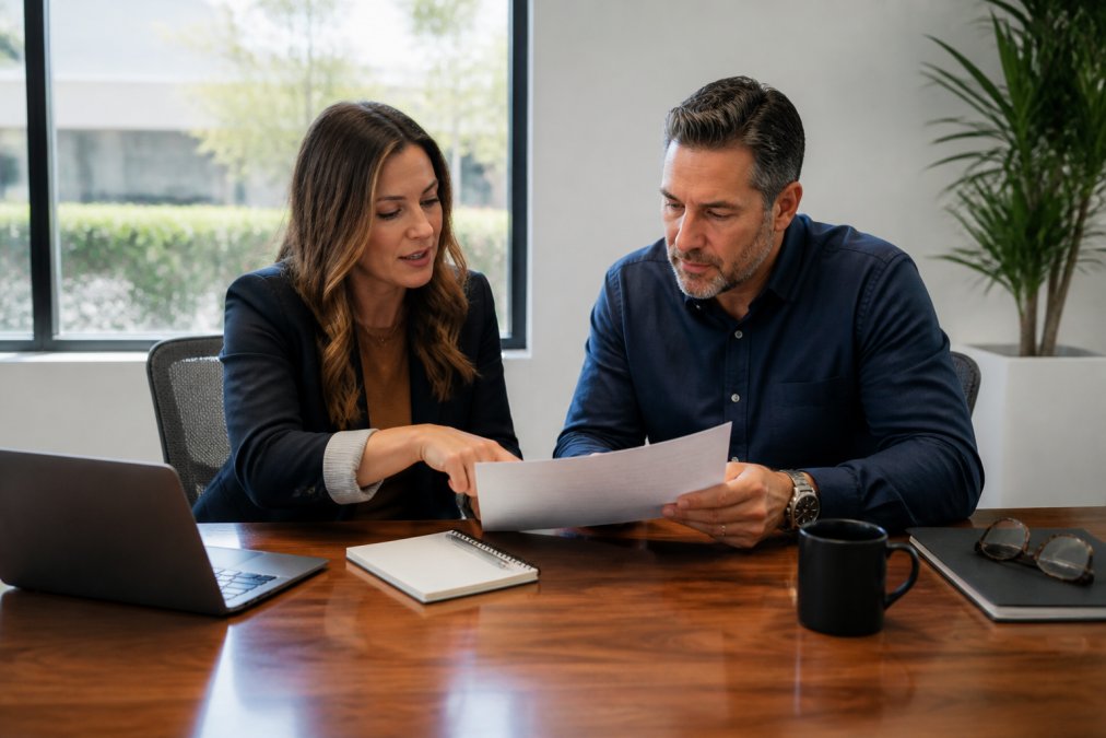 A fractional CMO and business owner reviewing a printed onboarding roadmap at a conference table, with a laptop and notepad visible, in a bright modern office