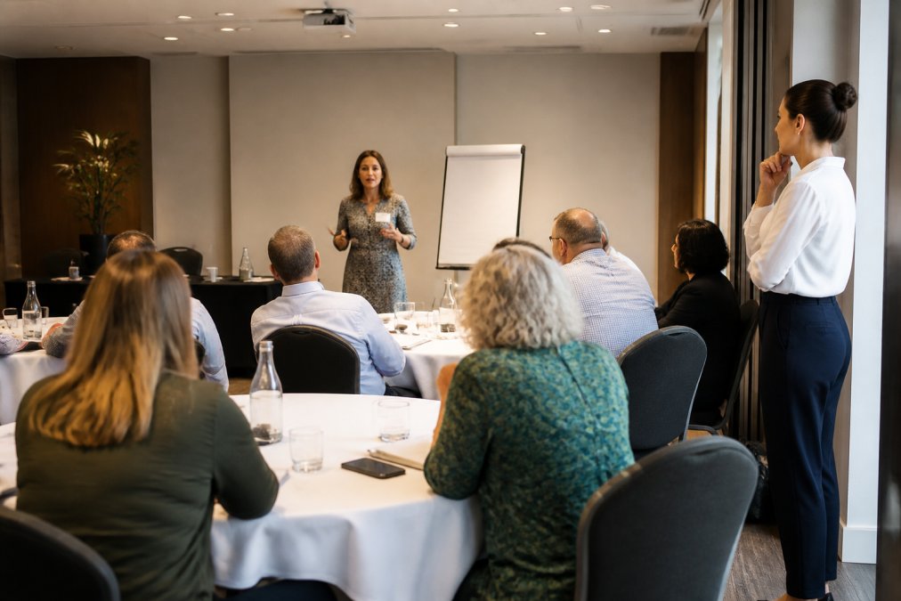 Experienced trainer leading an interactive workshop at the front of a modern training room while a new trainer observes attentively from the side, with participants seated at round tables and warm overhead lighting