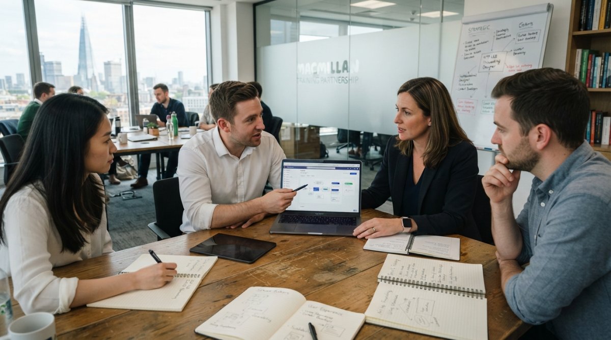 Professional L&D manager and team members reviewing onboarding software on a laptop during a meeting in a modern office, with training materials and notebooks visible on the table