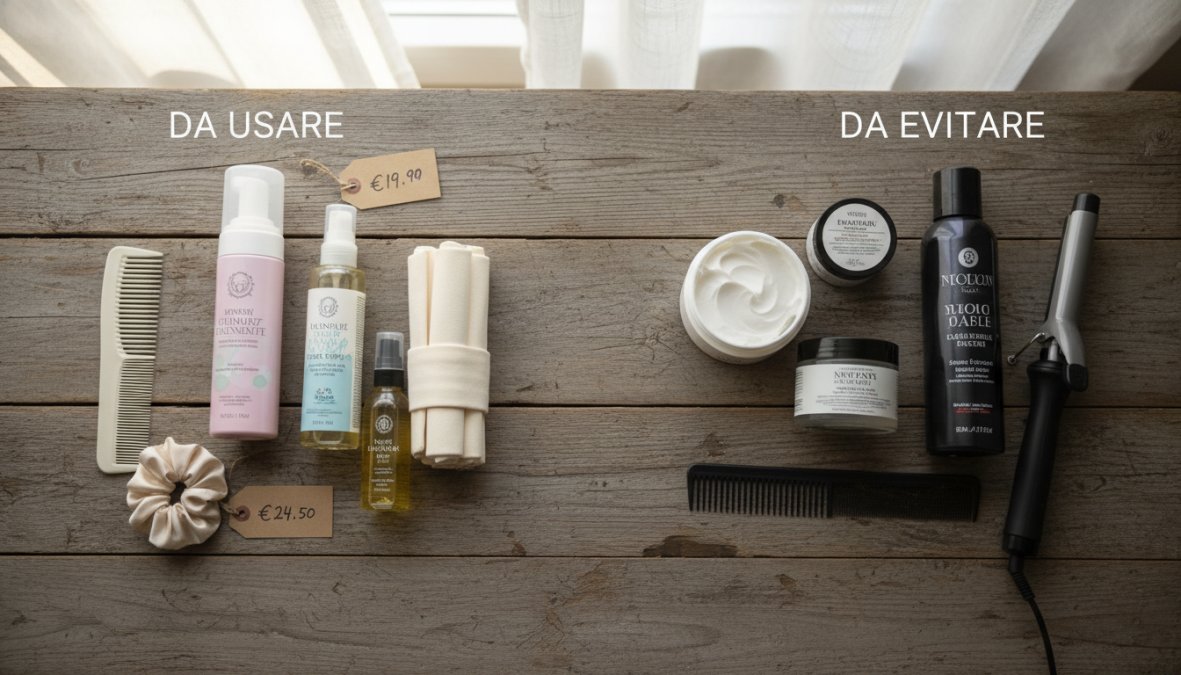 Selezione di prodotti haircare per capelli fini disposti su una superficie bianca lucida: uno spray texturizzante, un flacone di mousse volumizzante, un leave-in spray e un piccolo flacone di olio secco, illuminati da luce naturale laterale