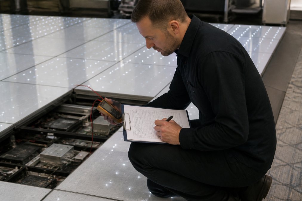 Een technicus inspecteert LED-panelen met een checklist en testapparatuur, terwijl hij notities maakt in een onderhoudslogboek