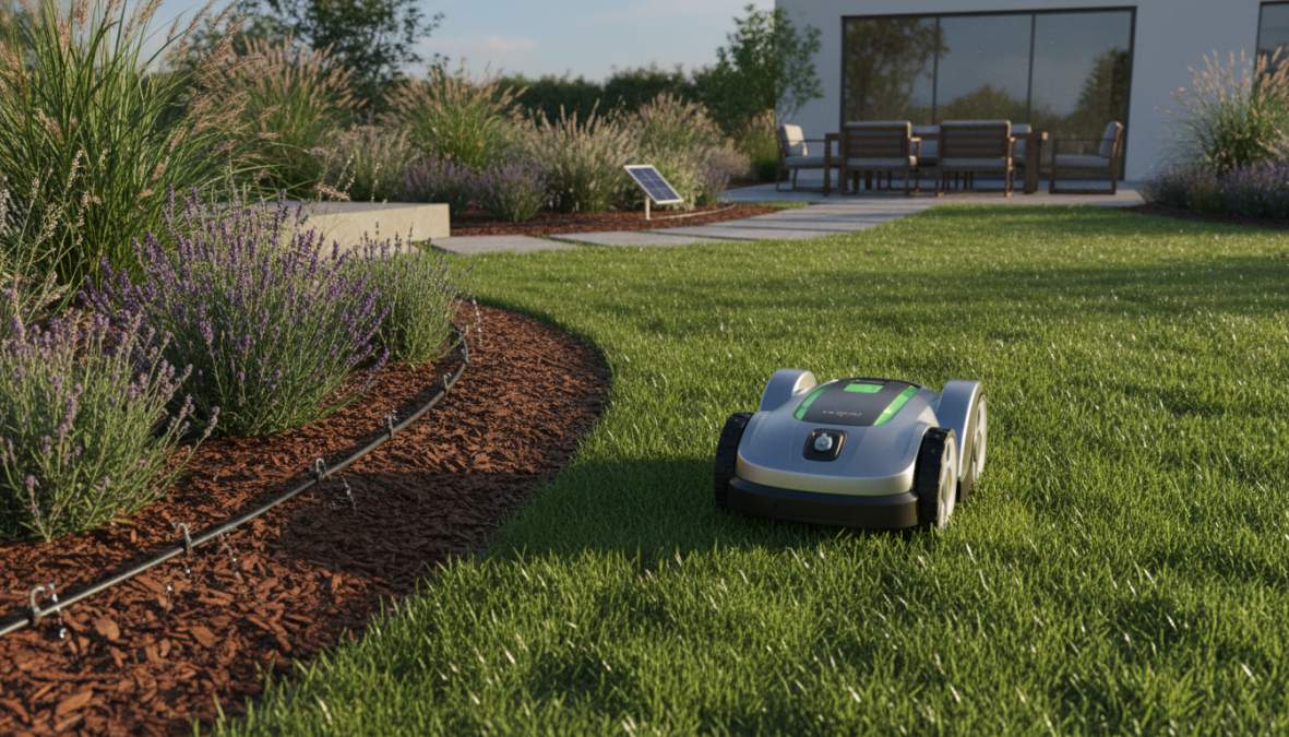 A modern suburban garden with a robotic lawn mower moving across a neatly trimmed lawn, drip irrigation tubing visible among mulched flower beds, photographed in warm afternoon sunlight