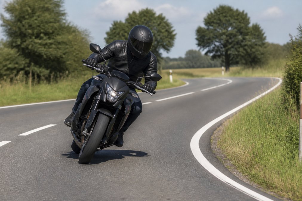 Motorrijder voert grondige proefrit uit op tweedehands motorfiets, zichtbaar concentratie op handling, acceleratie en remgedrag op open weg