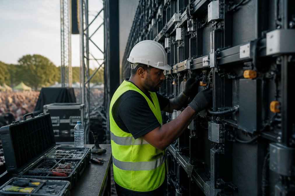 Experienced technician in bright safety vest and helmet carefully inspecting and maintaining an LED screen module during an active festival event, with diagnostic tools and replacement parts organized on a workbench nearby