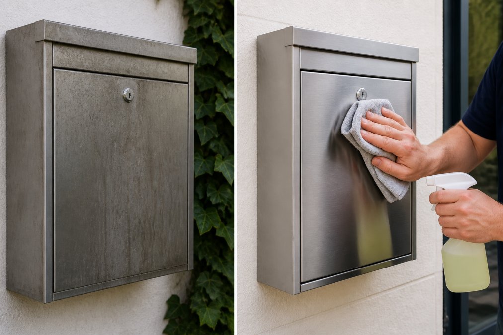 Iemand reinigt een moderne RVS brievenbus aan een buitenmuur met een zachte microvezeldoek en mild schoonmaakmiddel.