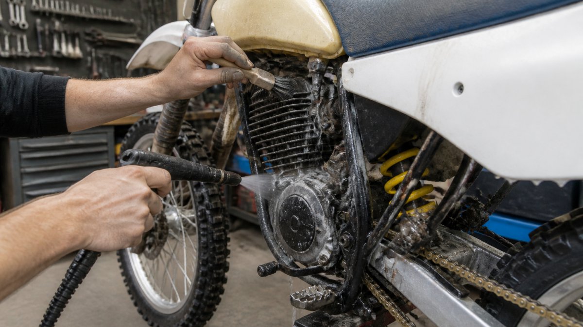 Close-up van handen die een Husqvarna crossmotor voorzichtig schoonmaken met een zachte borstel en een lagedrukreiniger in een werkplaats met gereedschap op de achtergrond