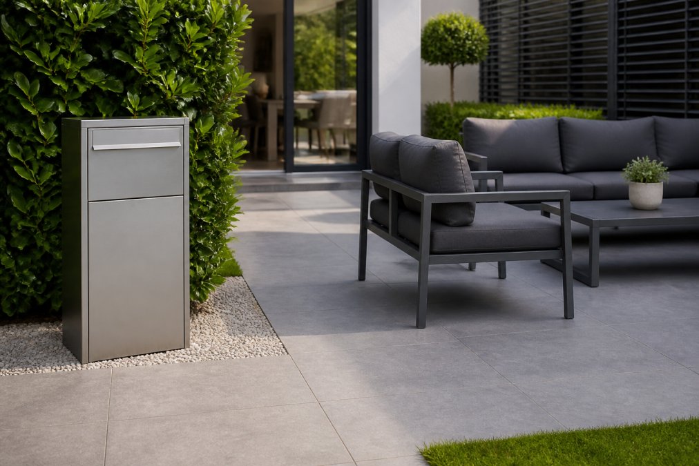 Moderne tuin met verschillende buitenmaterialen zichtbaar: gegalvaniseerde pakketbrievenbus in stijlvol design, keramische terrastegels, en aluminium tuinmeubels onder natuurlijk daglicht