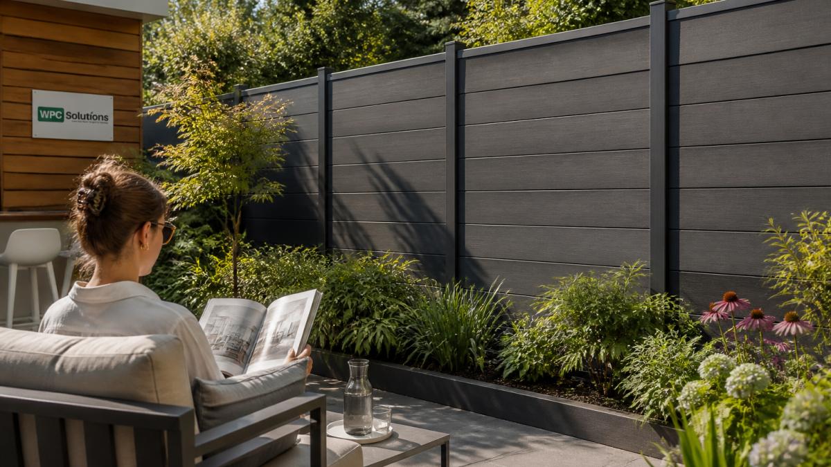Modern garden with antraciet-colored composite fence, surrounded by green plants and shrubs, bright sunlight, natural lighting