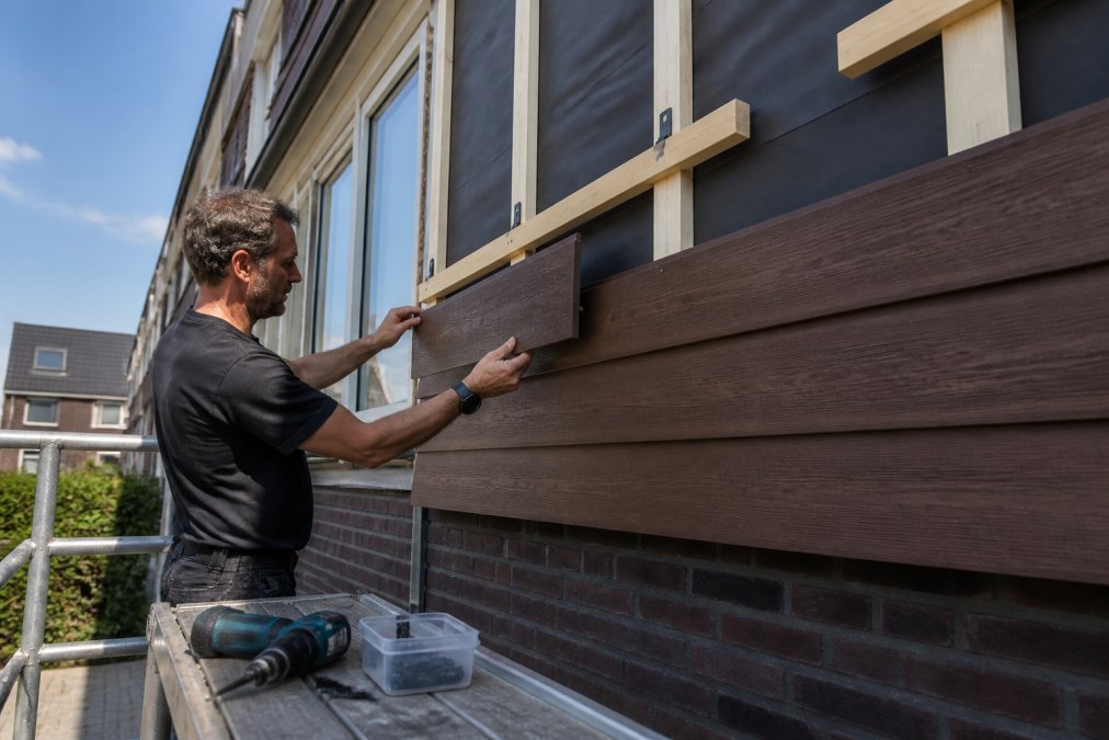 Doe-het-zelver monteert onderhoudsvrije gevelbekleding met houtlook aan een rijtjeshuis met montageklemmen.