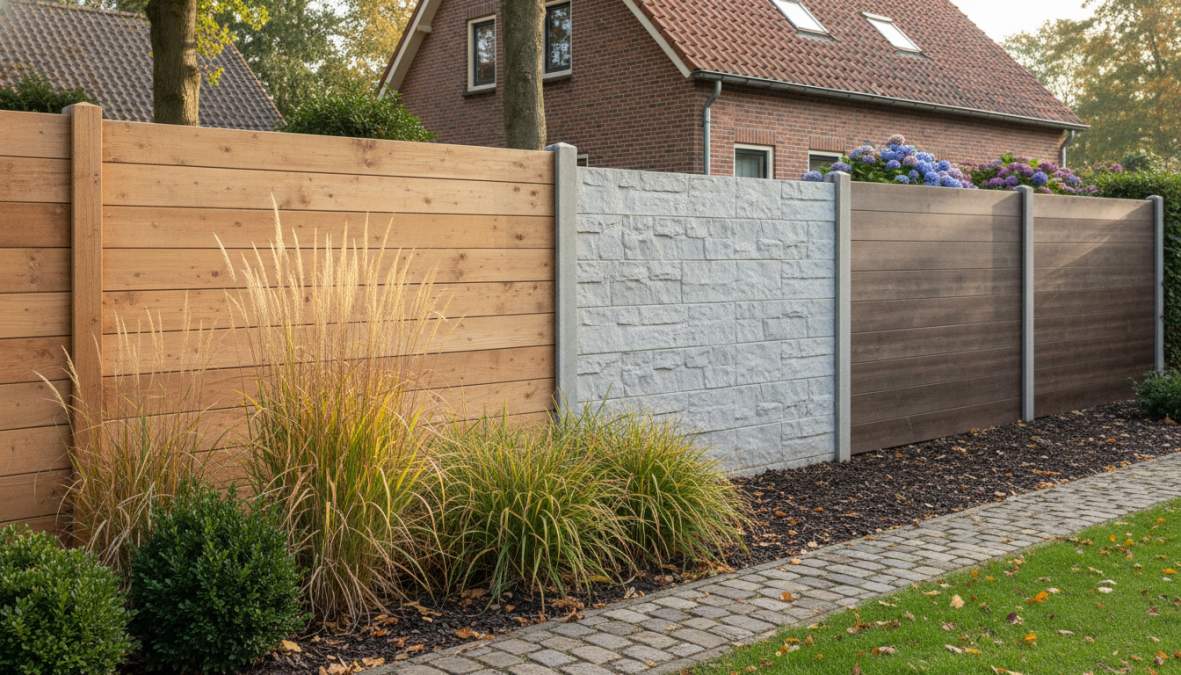 Close-up photograph of a modern garden fence combining anthracite concrete posts with natural Douglas wood planks, installed in a well-maintained Dutch backyard with ornamental grasses and low shrubs alongside it, photographed in soft afternoon sunlight