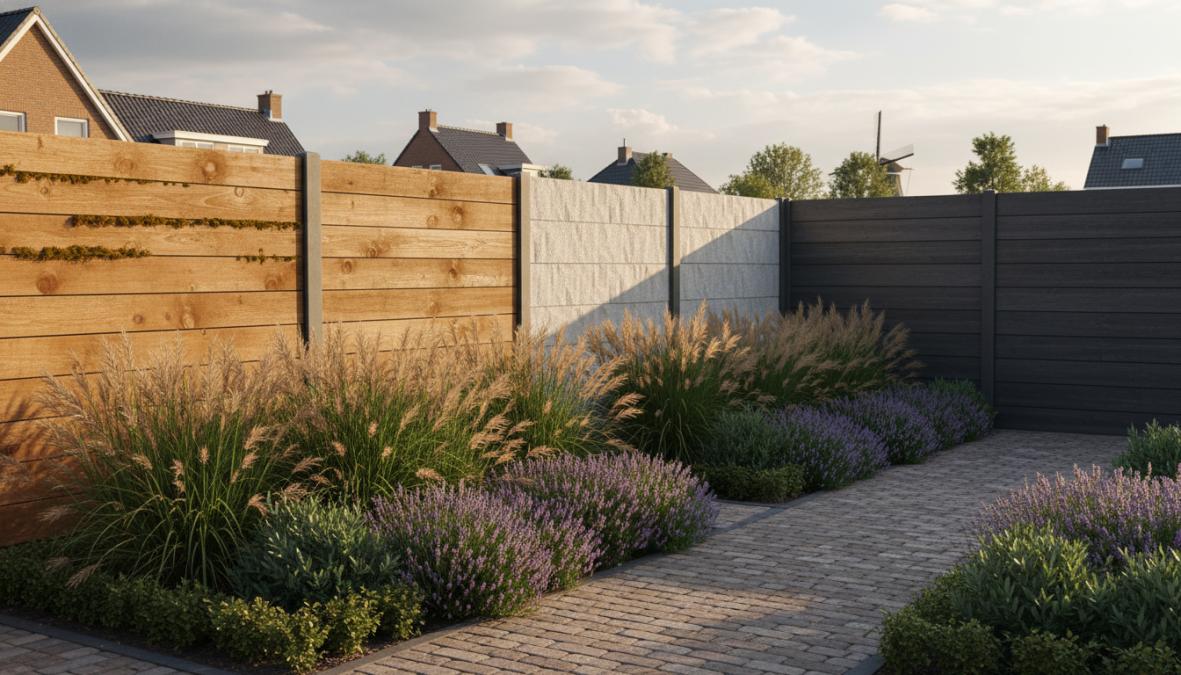 Two professional workers in work clothing installing a wooden fence panel between anthracite concrete posts in a residential garden on a sunny day in the Netherlands, one worker holding the panel while the other checks alignment with a spirit level