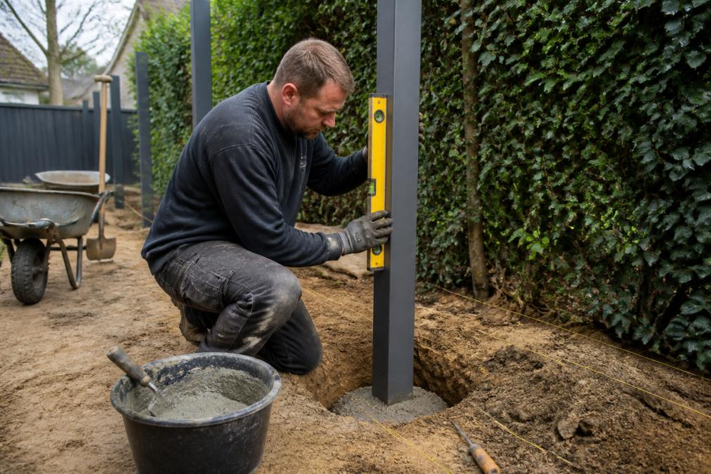 Vakman plaatst betonpalen voor een onderhoudsvrije schutting plaatsen in de tuin met waterpas en betonmix bij de hand.