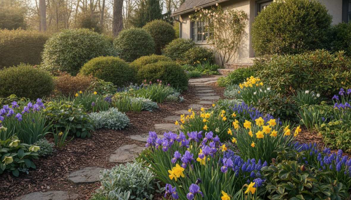 Voortuin in het vroege voorjaar met paarse en gele bloembollen, lage groenblijvende bodembedekkers en zichtbare boomschors-mulch tussen de planten, gefotografeerd in zacht ochtendlicht