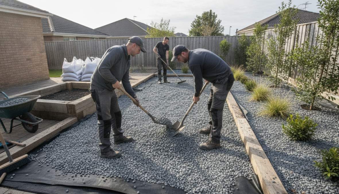 Vakman die worteldoek uitrolt over een egale, licht vochtige zandondergrond in een achtertuin, met grindmaterialen, grondpinnen en een hark zichtbaar op de voorgrond, fotografisch echt daglicht