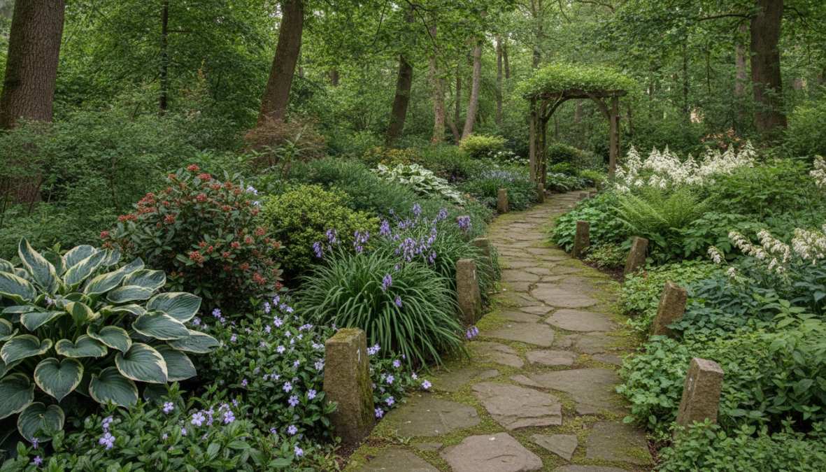 Close-up van diverse schaduwplanten in volle groei: Hosta met groot blad, Vinca minor tapijt, Skimmia struik en Leliegras met paarse aren, gerangschikt in een schaduwrijke border