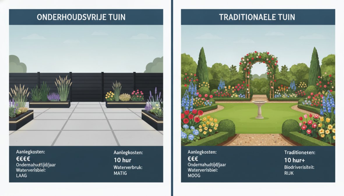 Moderne Nederlandse achtertuin met betonnen bestrating, siergrassen en lage bodembedekkers aan de linkerkant, naast een traditionele tuin met bloeiende borders, gazon en sierstruiken aan de rechterkant, fotografisch vastgelegd op een zonnige middag