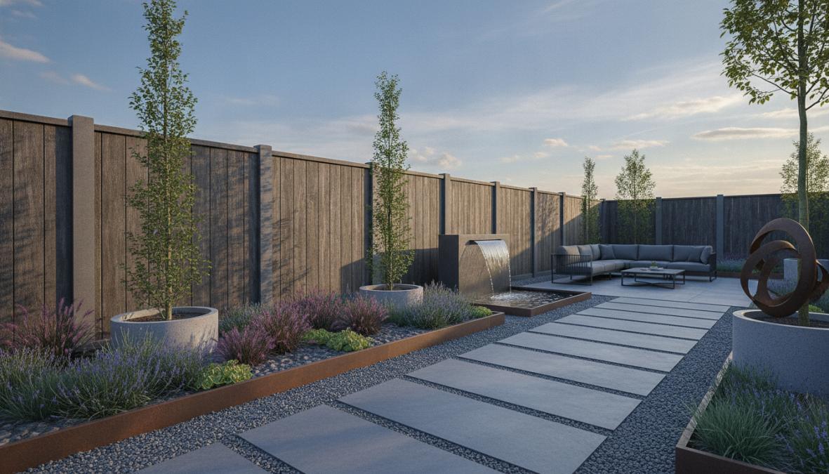 Moderne Nederlandse achtertuin met een strakke betonnen schutting in grijstinten, omringd door siergrassen en lage bodembedekkers, gefotografeerd op een heldere zomerdag met zachte schaduwen op de bestrating