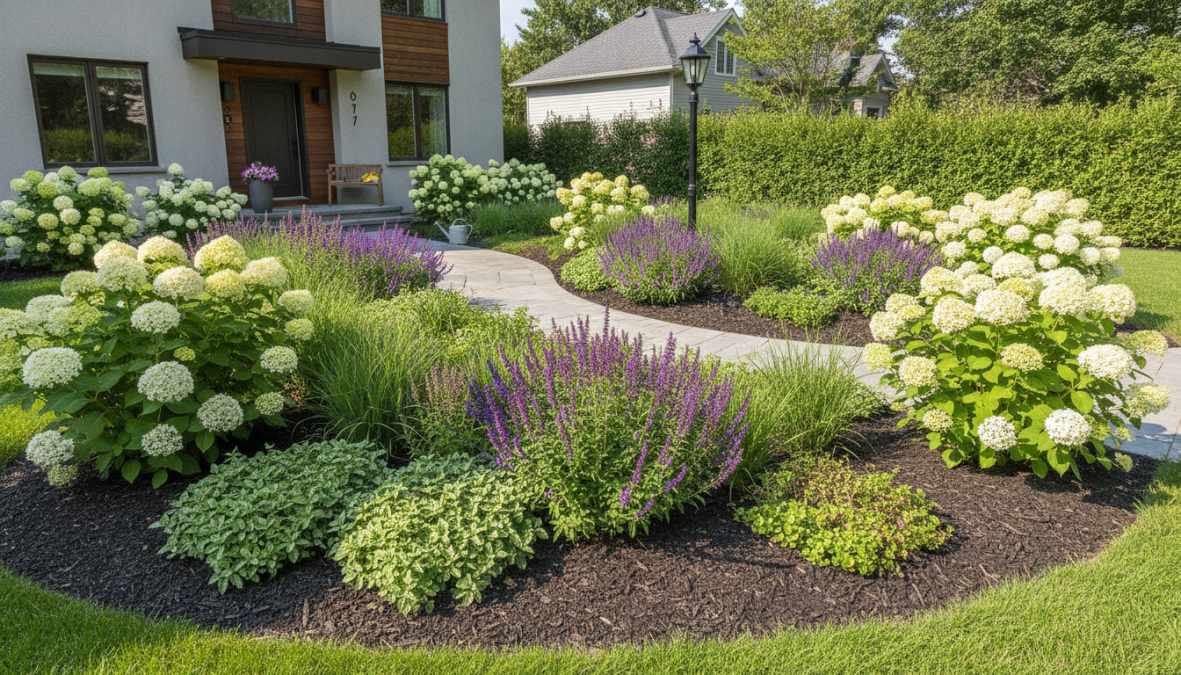 Voortuin in Eindhoven met rijen lage groenblijvende heesters en kruipende bodembedekkers, gefotografeerd in helder voorjaarslicht met duidelijk zichtbare plantenstructuur en schone grindpaden