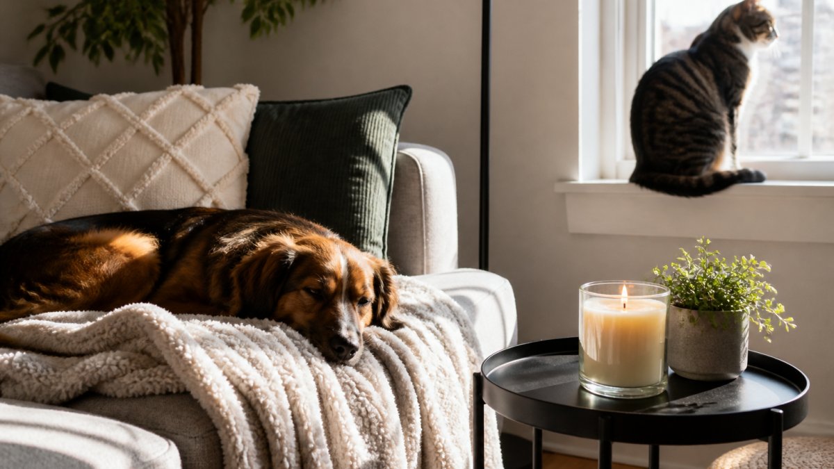 A small, sunlit apartment living room with a lit soy-blend candle on a side table, a dog resting on a washable throw blanket, and a cat perched on a nearby windowsill