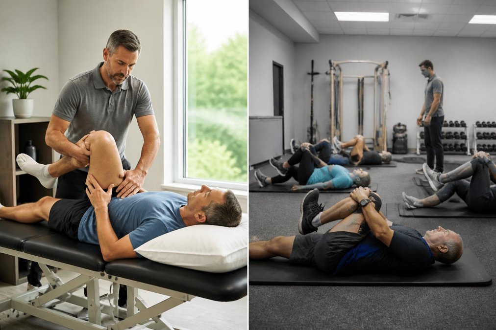 Infographic comparing one-on-one physical therapy to group sessions during a guided lumbar spine exercise