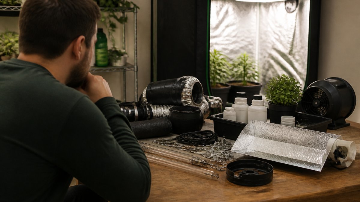 Person reviewing products on laptop screen with grow tent equipment visible in the background of a home growing space