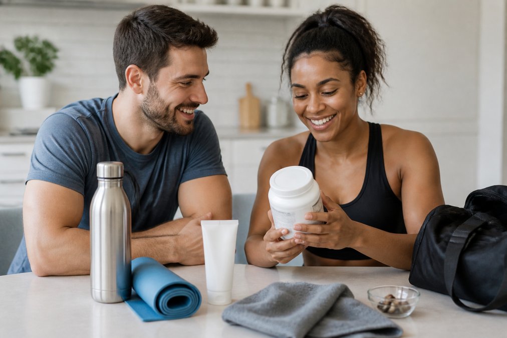 A neatly arranged flat lay of wellness items on a bright white surface: a supplement bottle, a folded resistance band, a clean skincare tube, and a stainless steel water bottle with soft natural window lighting