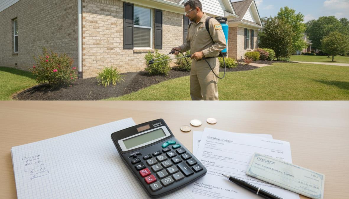 A pest control professional in a white uniform applying spot treatment along the concrete foundation of a residential home on a sunny afternoon, spray wand in hand and equipment backpack visible