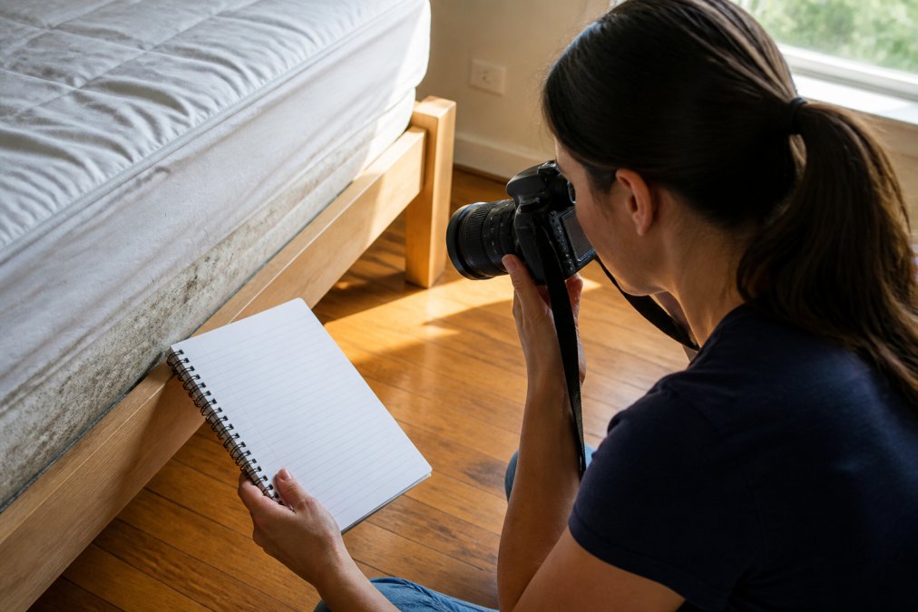 Renter photographing pest droppings and damage on a notepad with date and time written beside it in a rental apartment bedroom, natural daylight from window illuminating the documentation process