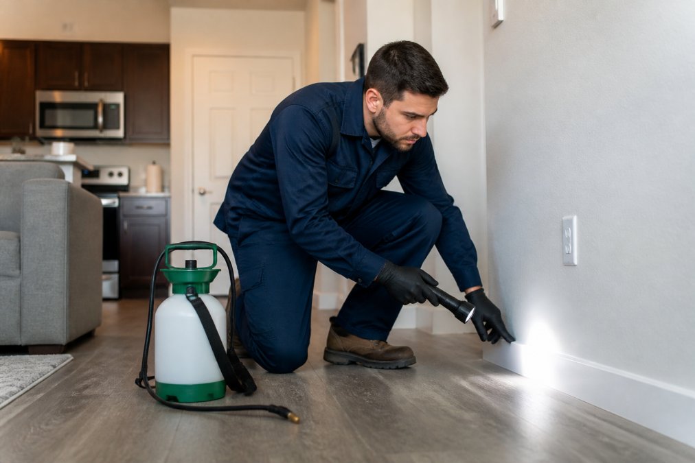 Licensed pest control technician in uniform conducting inspection inside modern apartment, using flashlight to examine baseboards and entry points, treatment equipment visible on floor