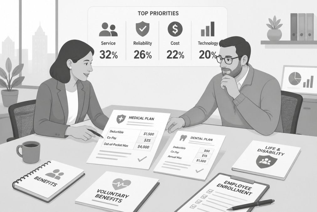 HR manager and business owner collaborating over a table with insurance policies and benefit materials visible, engaged in strategic discussion in a modern office setting