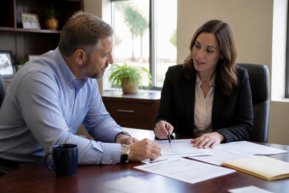 Business owner and insurance agent discussing coverage options at desk with documents and laptop in professional office with warm natural lighting